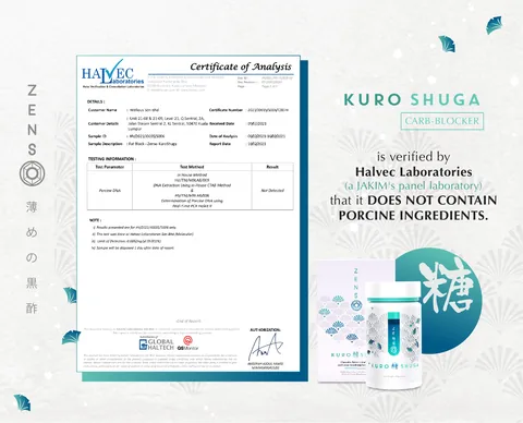 Halvec Laboratories certificate of analysis for Kuro Shuga: porcine DNA not detected