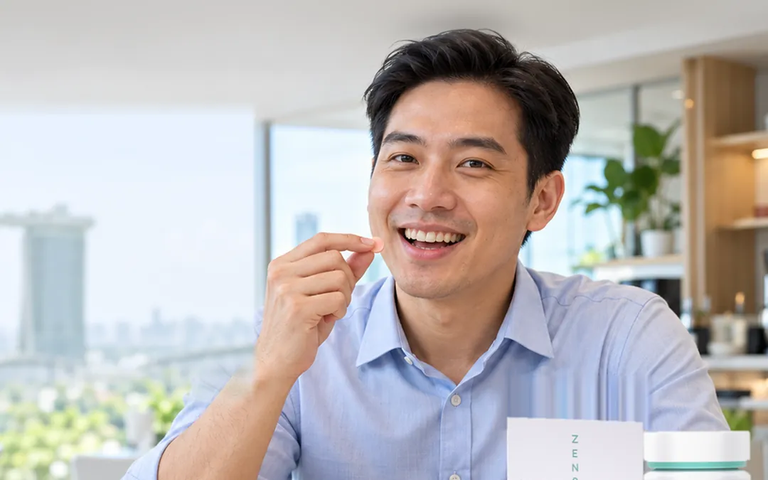 Illustration: a man at an office lunch of rice with fried chicken, greens and an egg, Marina Bay behind him, about to chew a ZENSO Kuro Shuga tablet, the box and jar on the table.