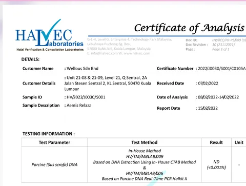 Halvec Laboratories certificate of analysis: porcine DNA not detected in Aemis Relazz