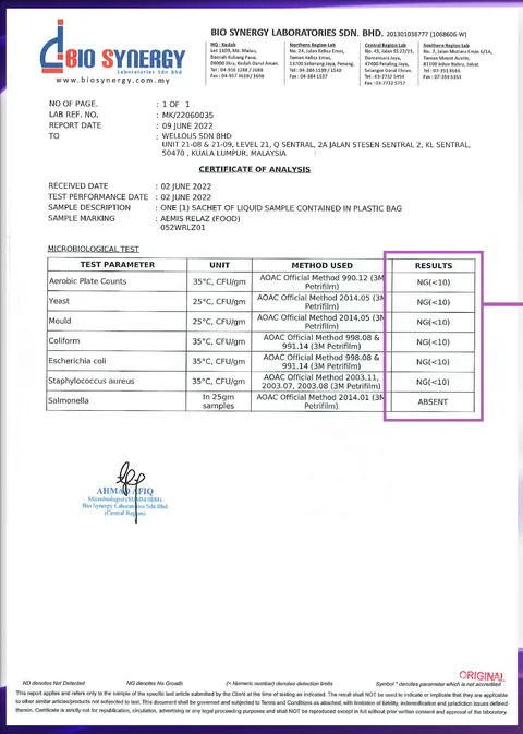 Bio Synergy Laboratories certificate of analysis: no harmful microbes in RELAZZ