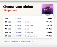 Prices: 1 box S$99, 2 boxes S$179, 3 boxes S$239, 4 boxes S$309, 5 boxes S$379, 6 boxes S$429. Free delivery.
