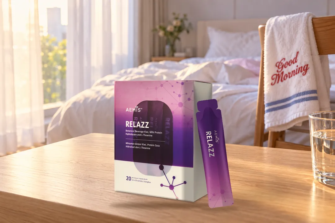 A box of AEMIS RELAZZ on a bedside table in the morning sun, a Good Morning towel over the chair
