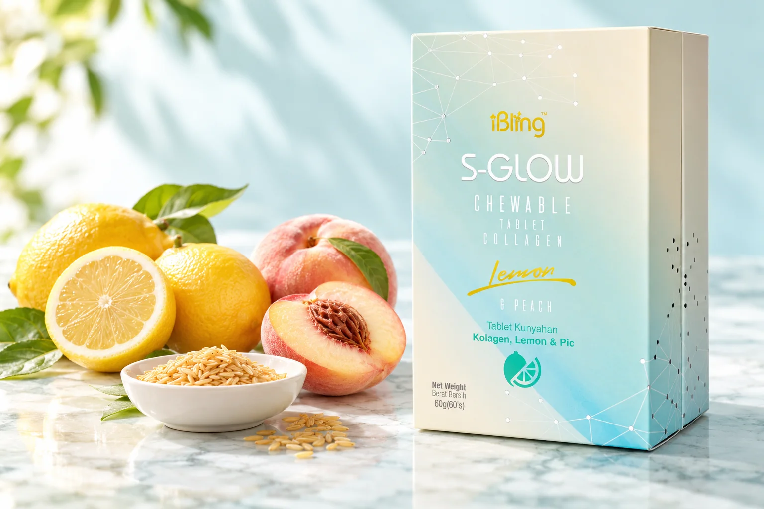 The S-GLOW chewable collagen box beside fresh lemons, a ripe peach and a dish of rice germ on pale marble
