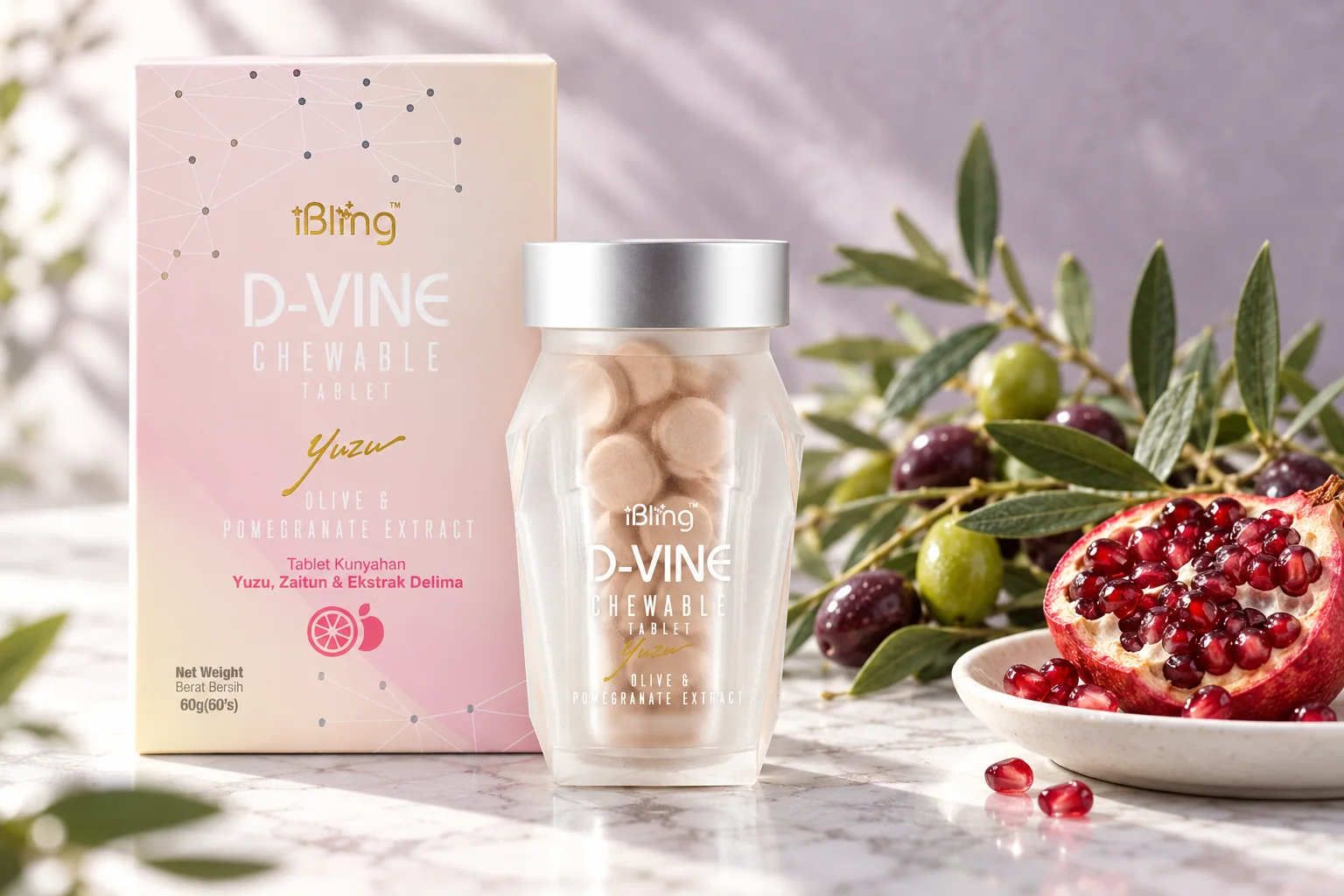 The D-VINE box and jar with an olive branch and a halved pomegranate on white marble
