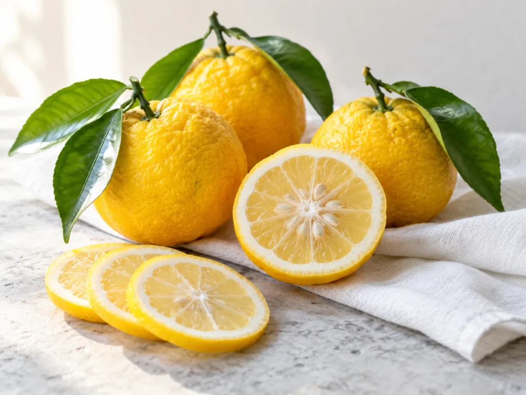 Whole and halved yuzu with green leaves and thin slices on pale stone