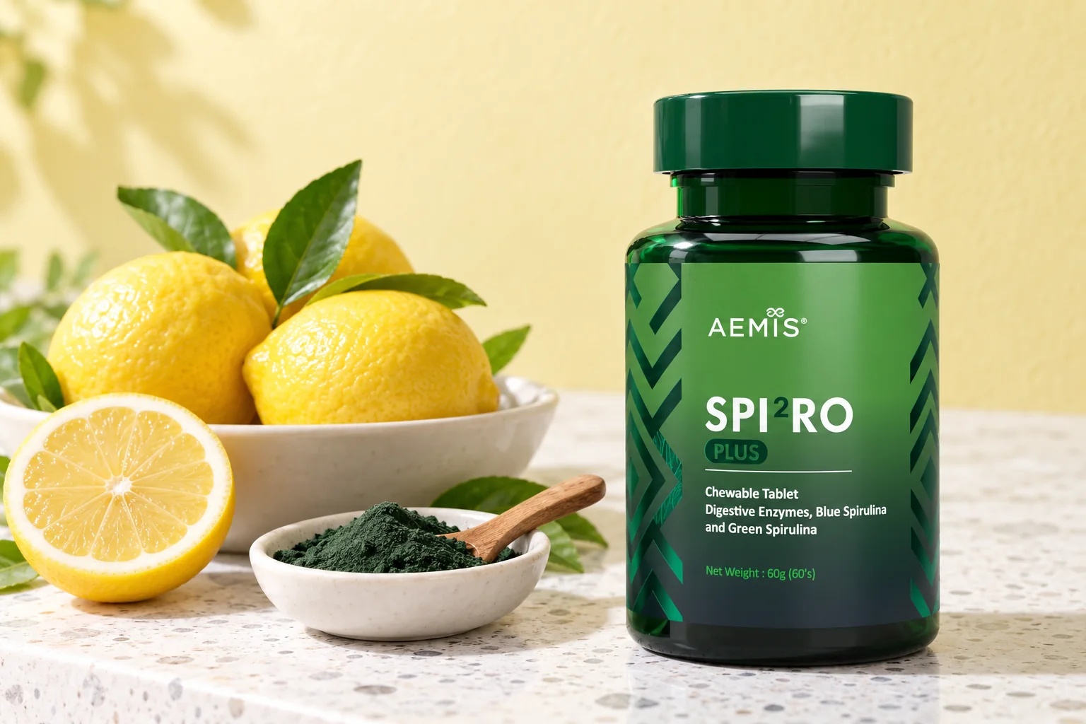 The SPIRO Plus bottle with fresh lemons, a halved lemon and a bowl of green spirulina powder