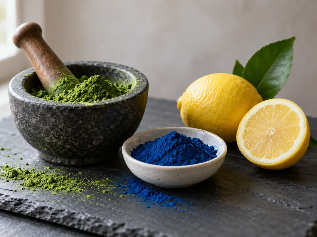 A mortar of green chlorella powder, a dish of blue spirulina powder and fresh lemons on dark slate