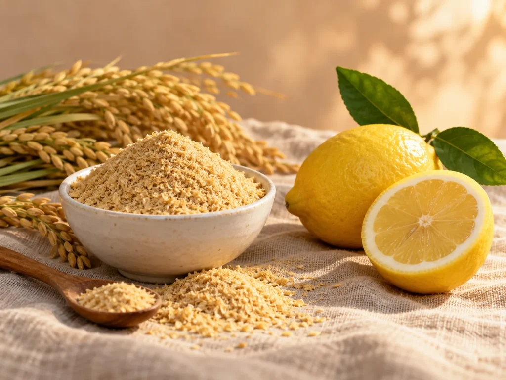 A bowl of pale golden rice germ with ears of rice grain, a whole lemon and a halved lemon