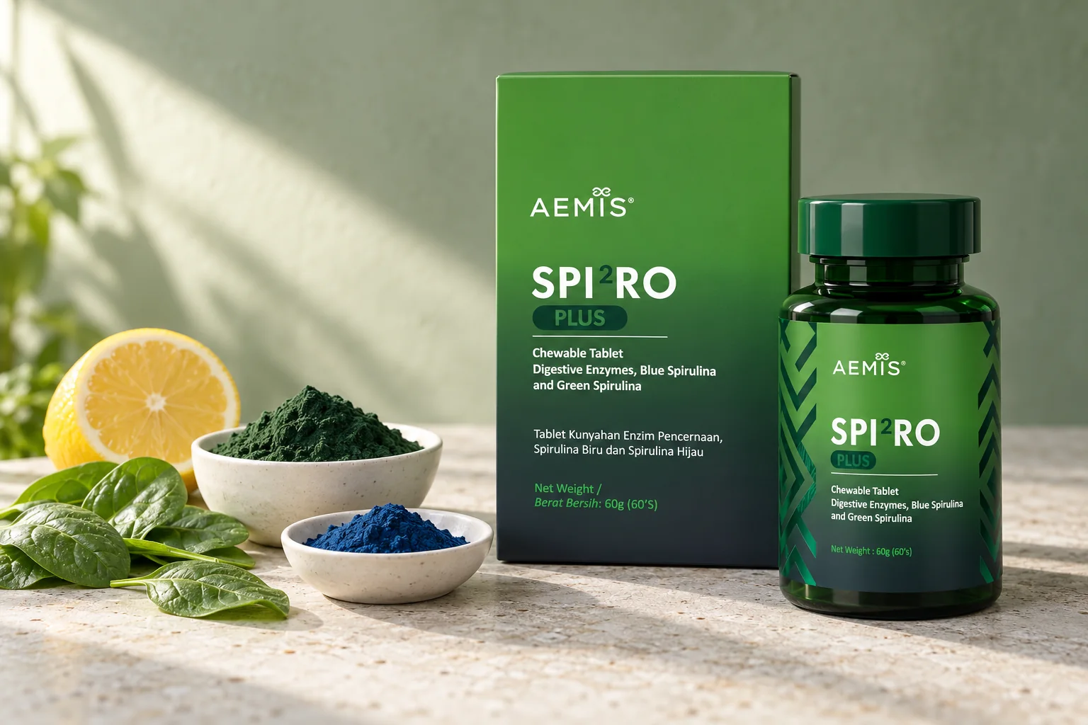 The SPIRO Plus box and bottle with green and blue spirulina powders, spinach leaves and a halved lemon