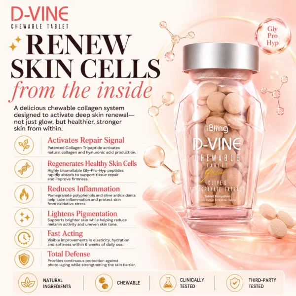 D-VINE Collagen renews skin cells from the inside — activates repair, regenerates healthy skin cells, reduces inflammation, lightens pigmentation and defends against photo-ageing