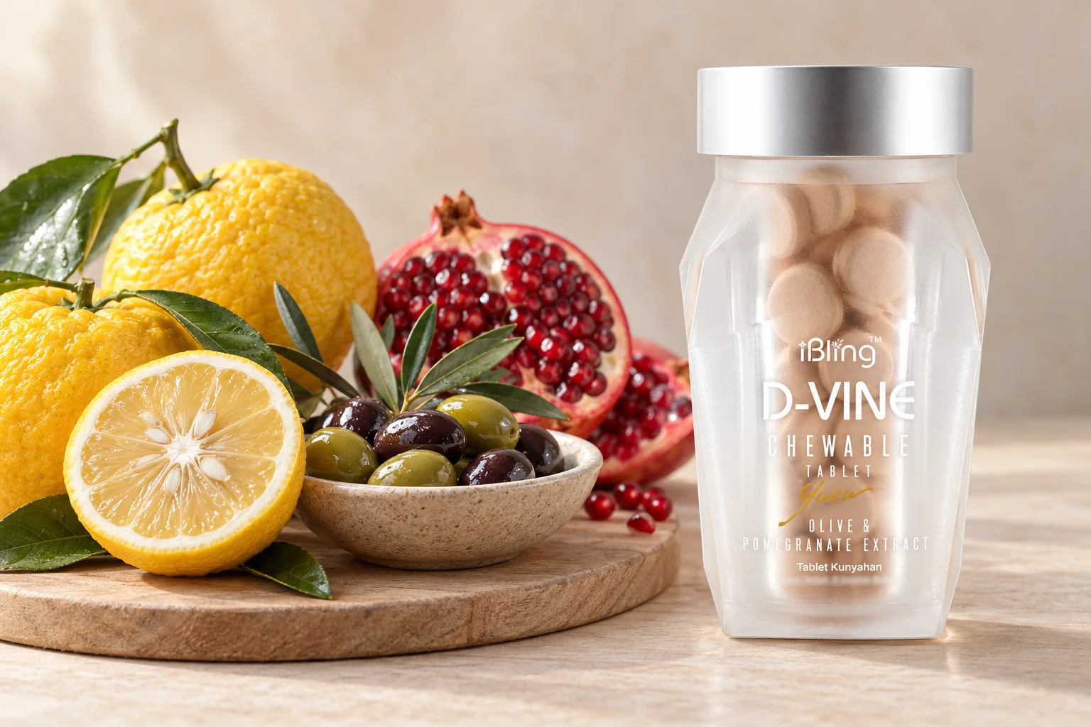 The D-VINE jar of chewable tablets with yuzu, olives and a halved pomegranate