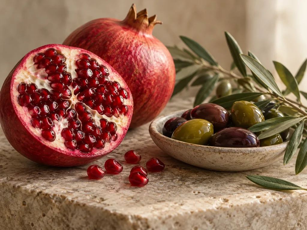 A halved pomegranate and a dish of olives beside an olive branch