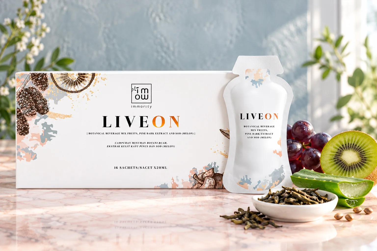 The LIVEON box and sachet with a cut aloe leaf, green tea leaves, dark grapes and a halved kiwi