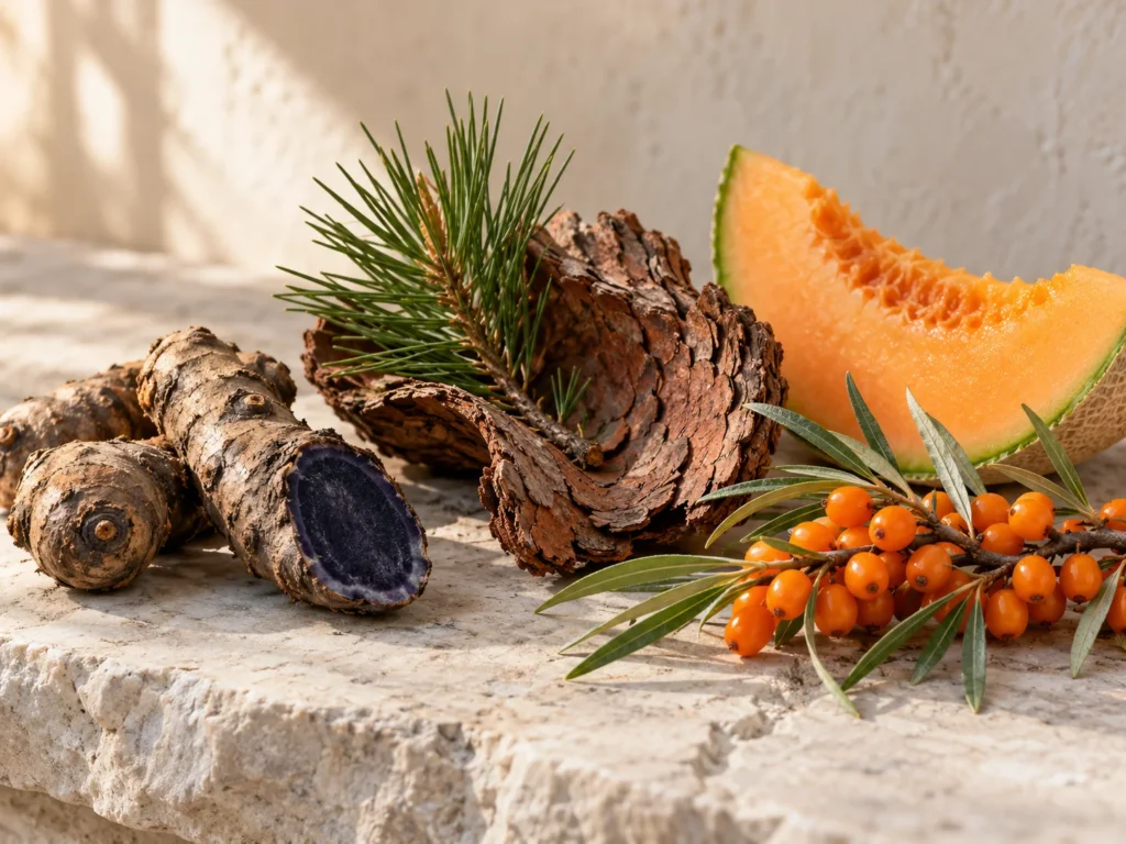 Black turmeric root, a curl of pine bark, a wedge of cantaloupe melon and a sprig of orange sea buckthorn berries