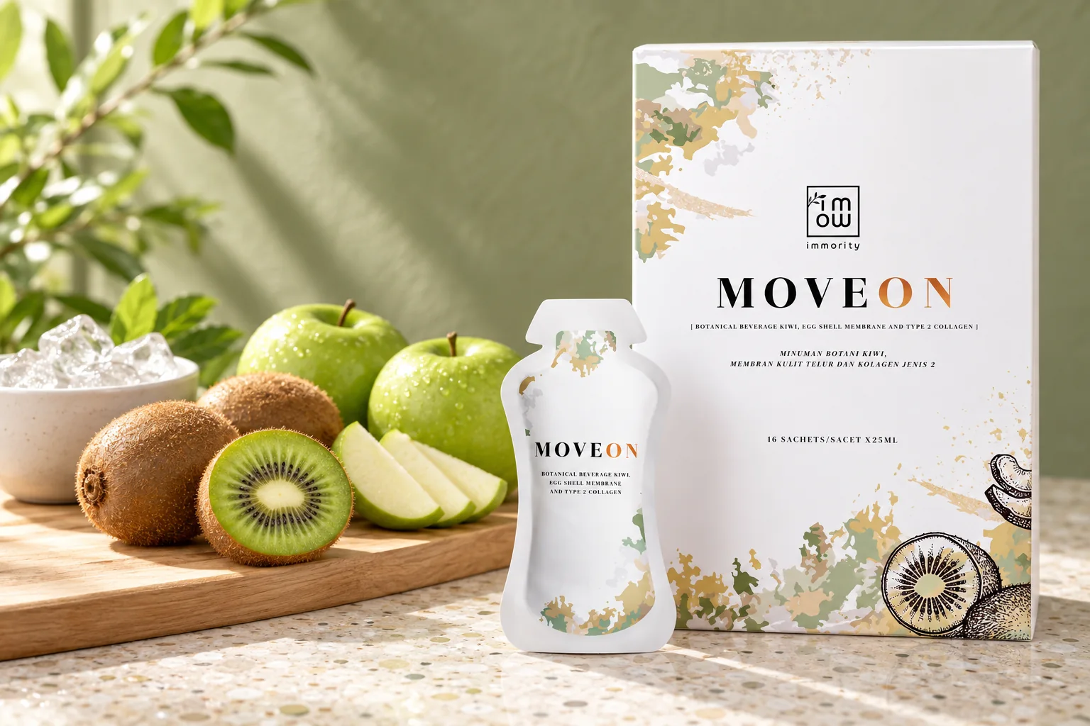 The MOVEON box and sachet with halved kiwi, green apples and a bowl of ice