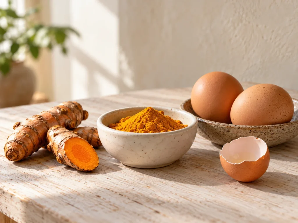Fresh turmeric roots, a bowl of turmeric powder, brown eggs and a halved eggshell