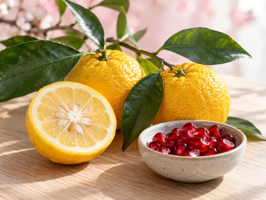 A leafy yuzu branch with whole and halved yuzu beside a dish of pomegranate seeds on pale oak
