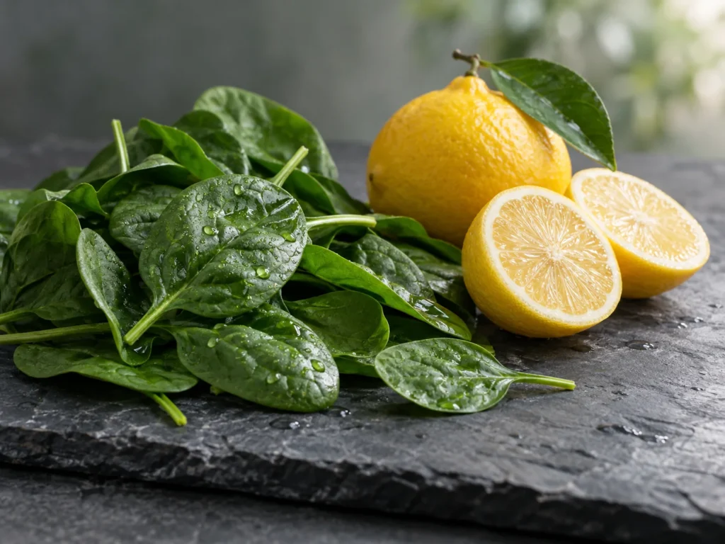 Fresh spinach leaves with water droplets beside a whole lemon and two lemon halves on dark slate
