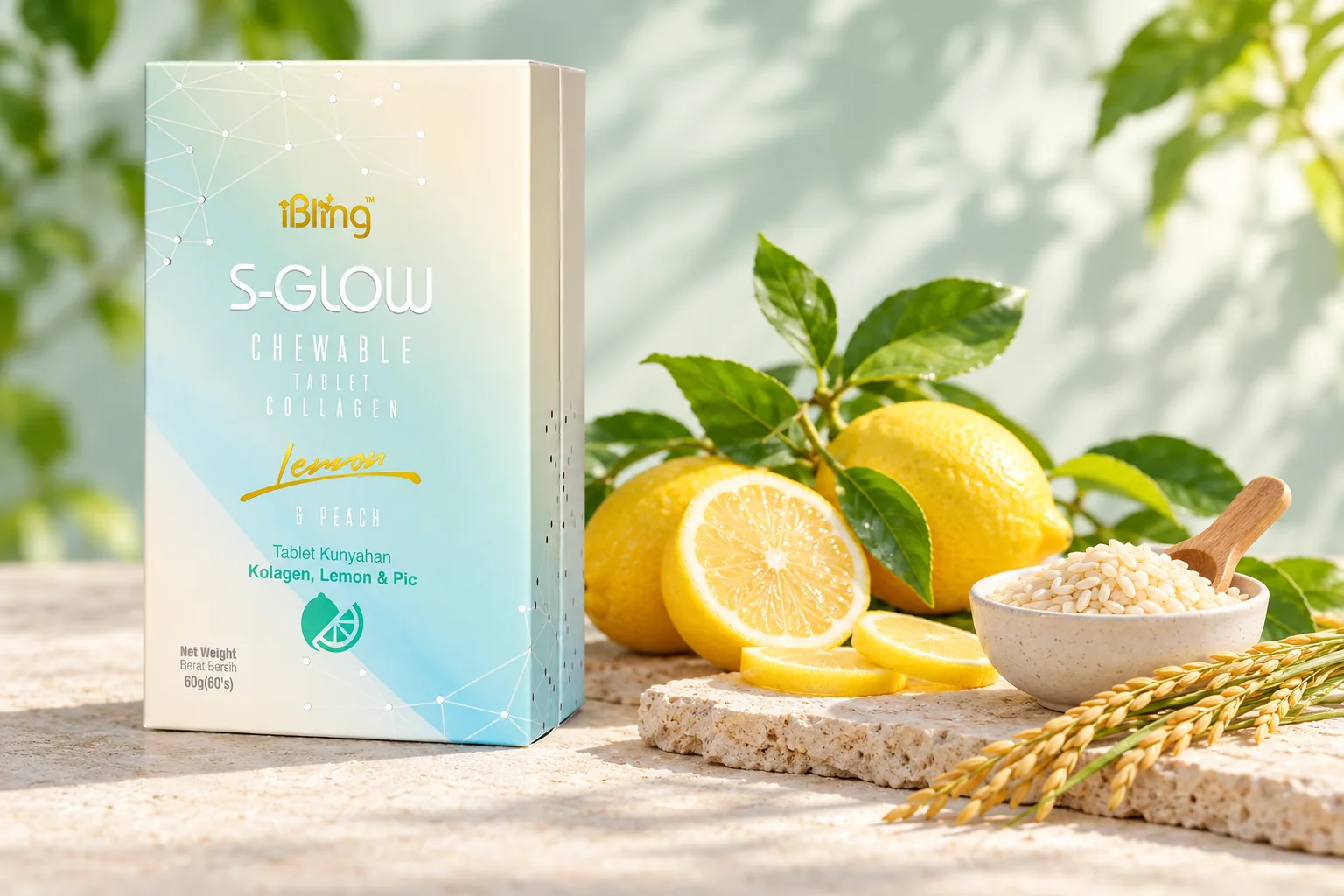 The S-GLOW box beside a lemon branch, halved lemon, a bowl of rice grains and ears of rice on pale sandstone