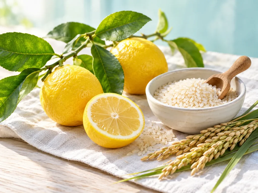 A lemon branch with a halved lemon beside a bowl of rice grains and two ears of rice on white linen