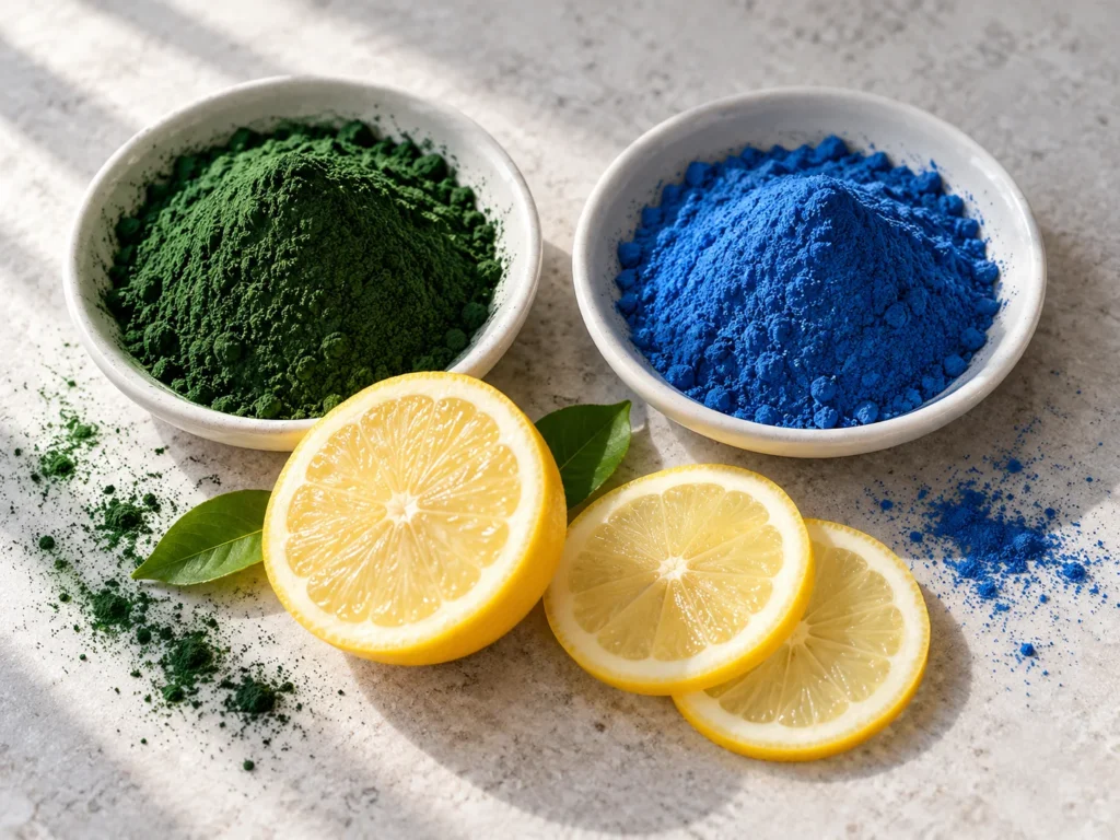 Bowls of green and blue spirulina powder with a halved lemon on grey stone