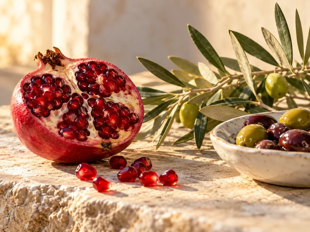 A halved pomegranate with ruby seeds beside an olive branch and a dish of olives on pale stone