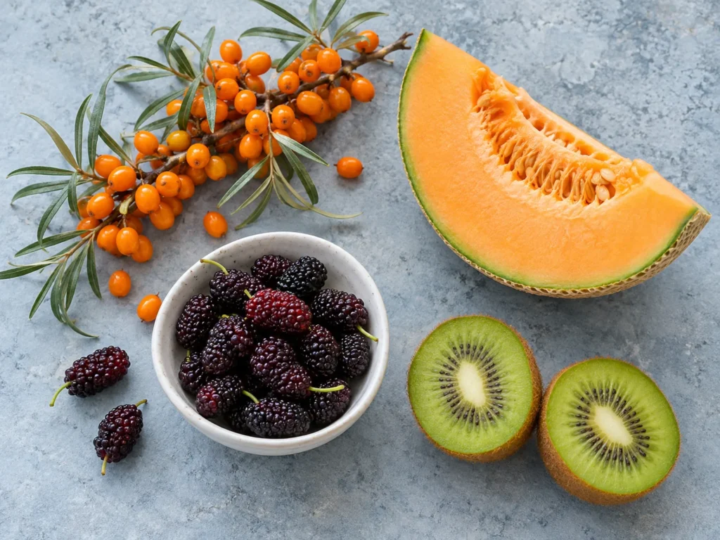 Orange sea buckthorn berries, a cantaloupe wedge, dark mulberries and a halved kiwi on blue-grey stone