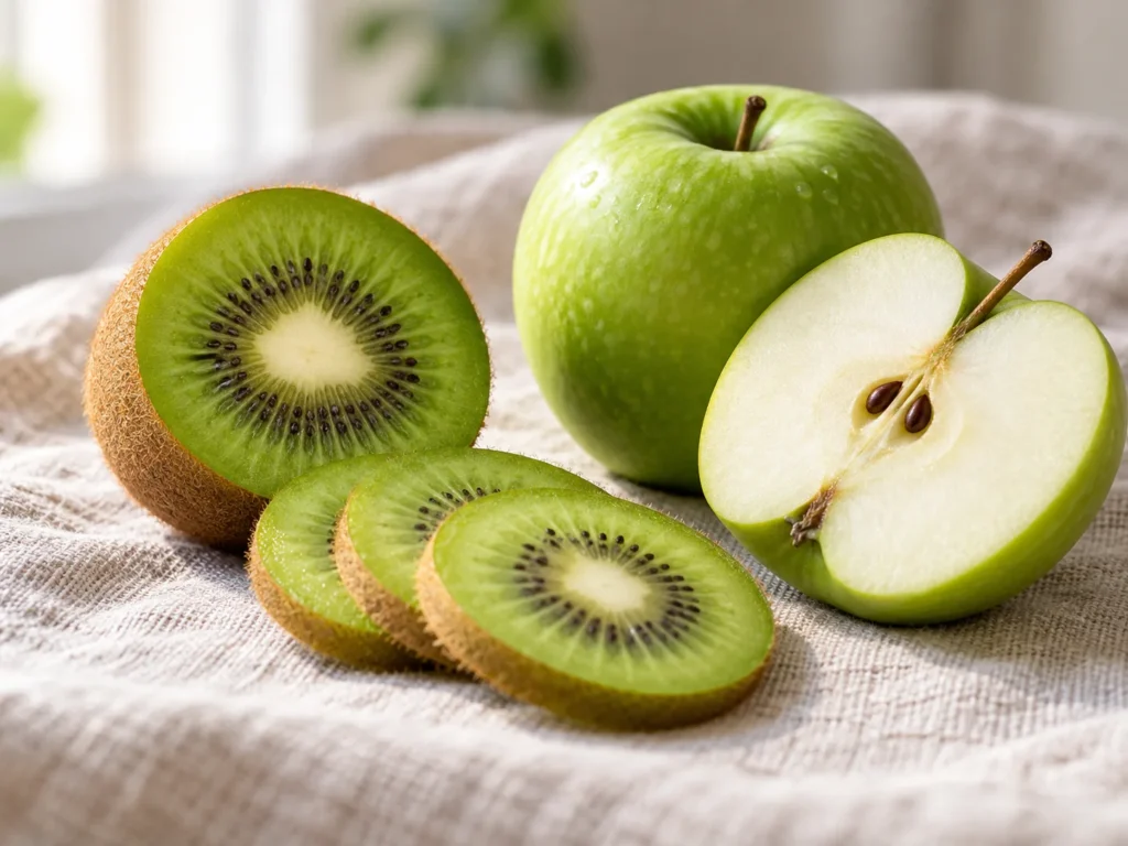 A halved kiwi with fanned kiwi slices and a green apple on oatmeal linen