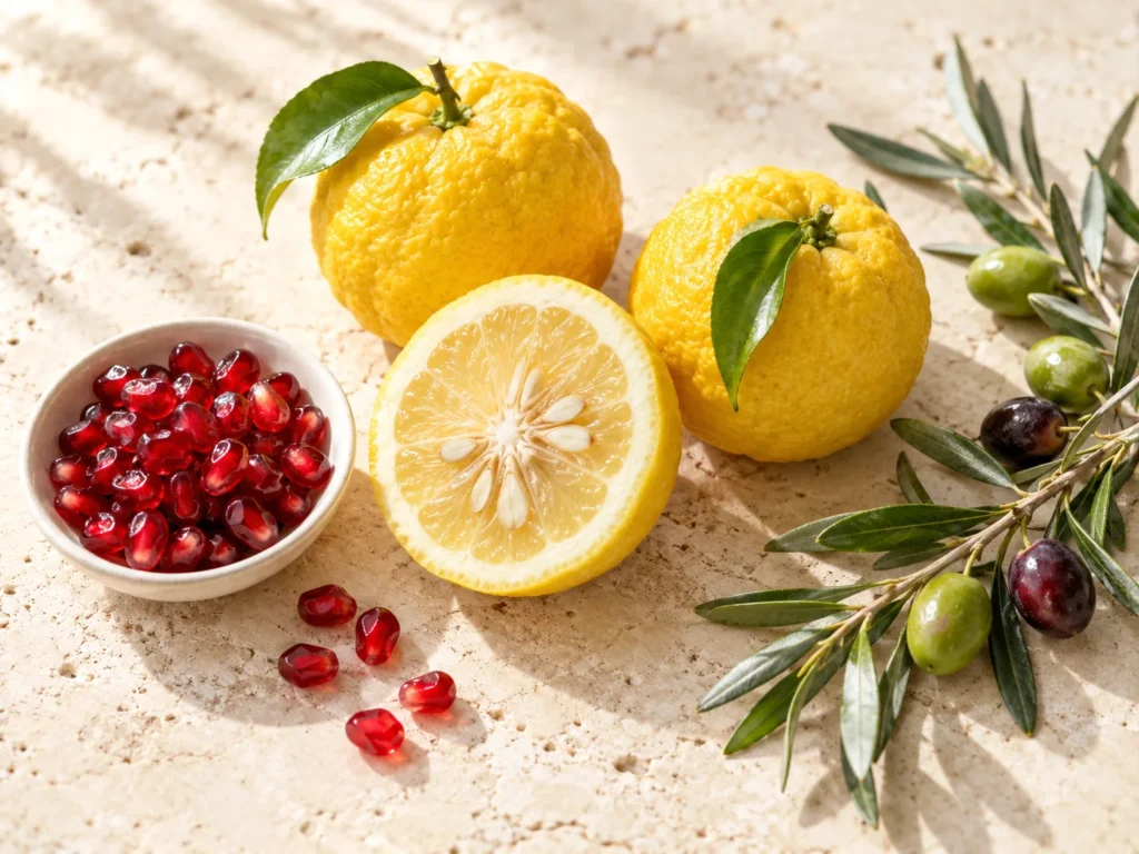 A halved yuzu and whole yuzu beside pomegranate seeds and an olive branch with olives on cream stone