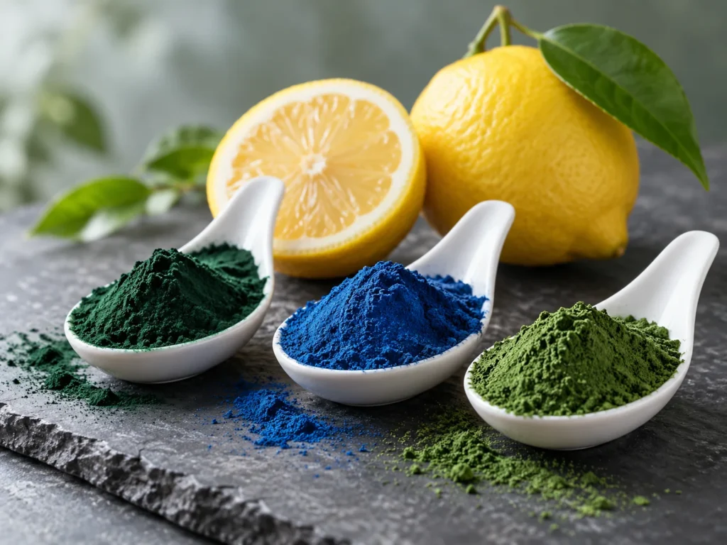 Three white spoons of green spirulina, blue spirulina and chlorella powder beside halved and whole lemons on dark slate