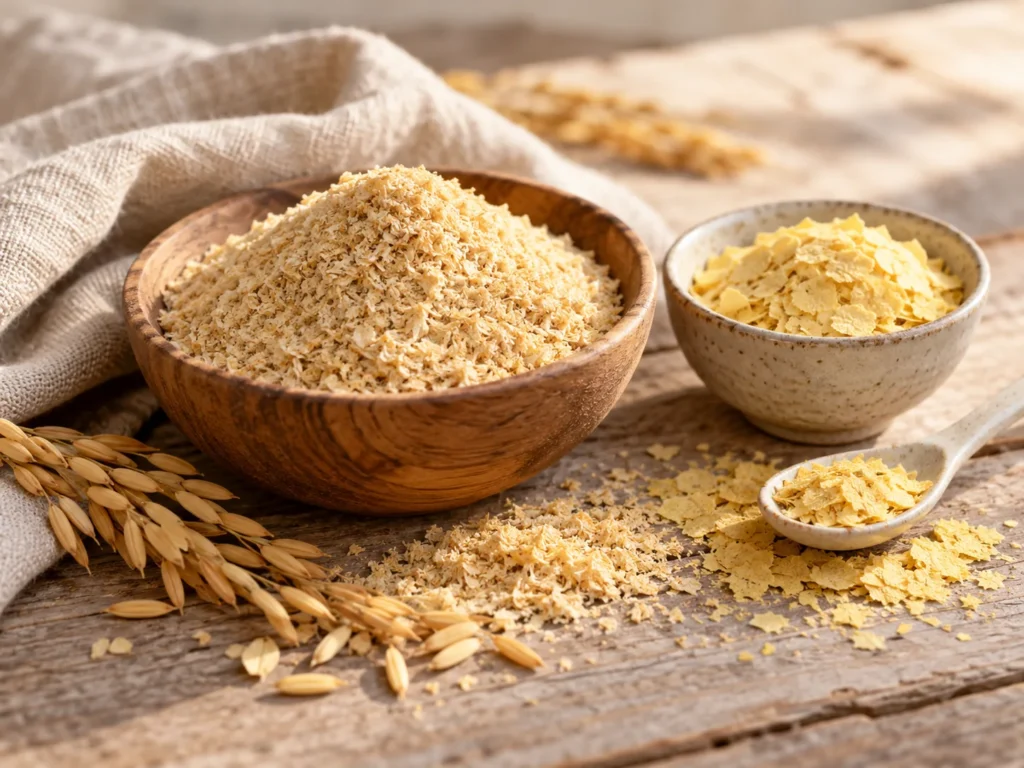 A wooden bowl of rice germ and a cup of nutritional yeast flakes on weathered wood