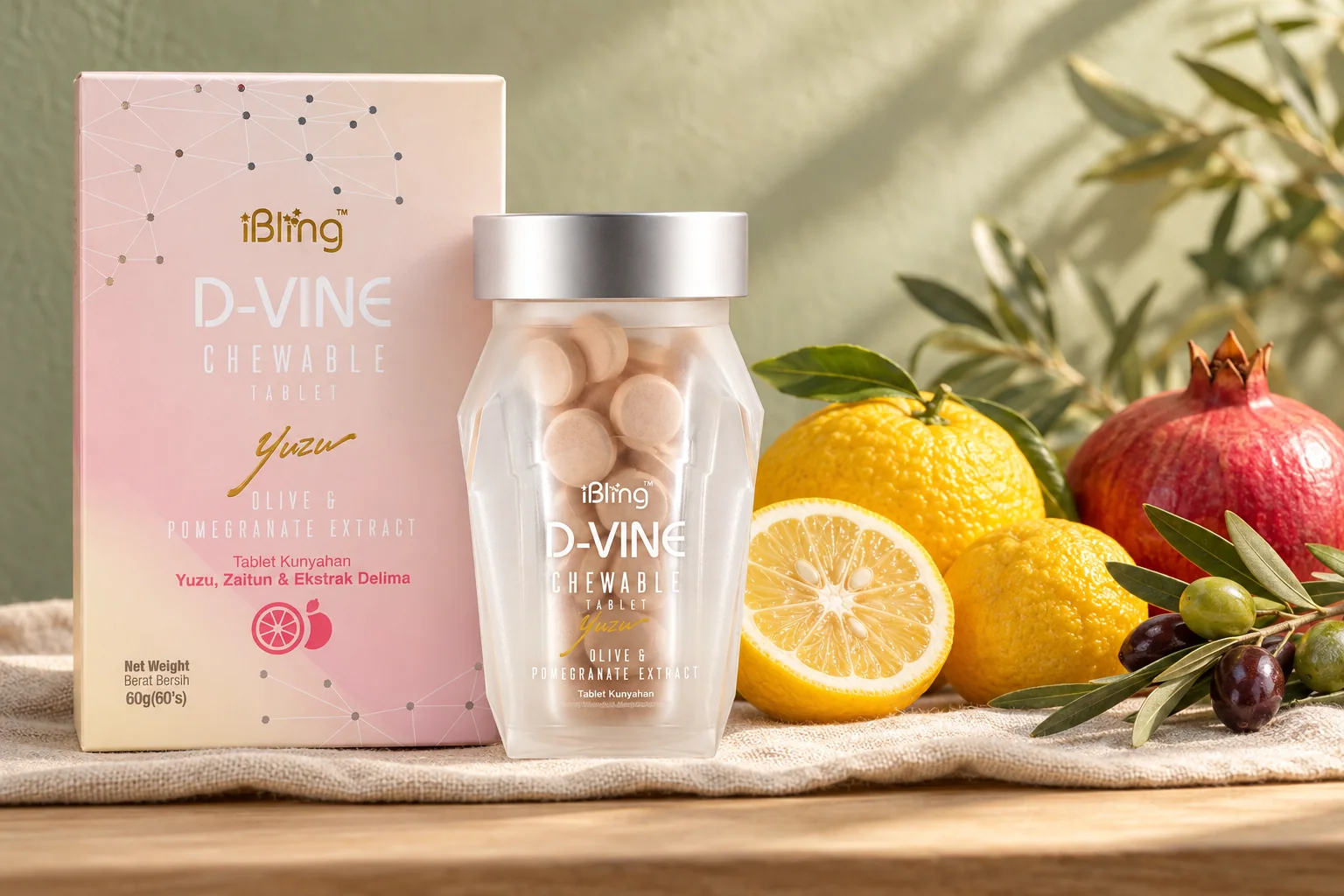 The D-VINE box and jar beside yuzu fruit, an olive branch and a pomegranate on a light oak shelf