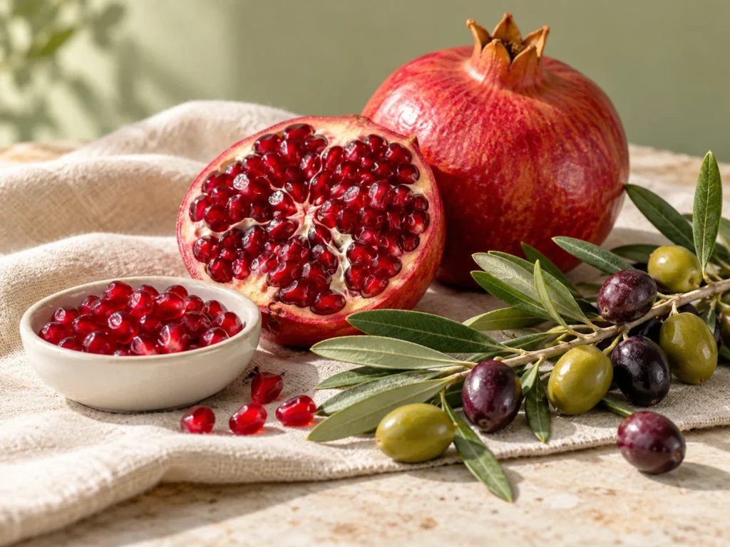 A halved pomegranate with ruby seeds beside an olive branch with green and purple olives