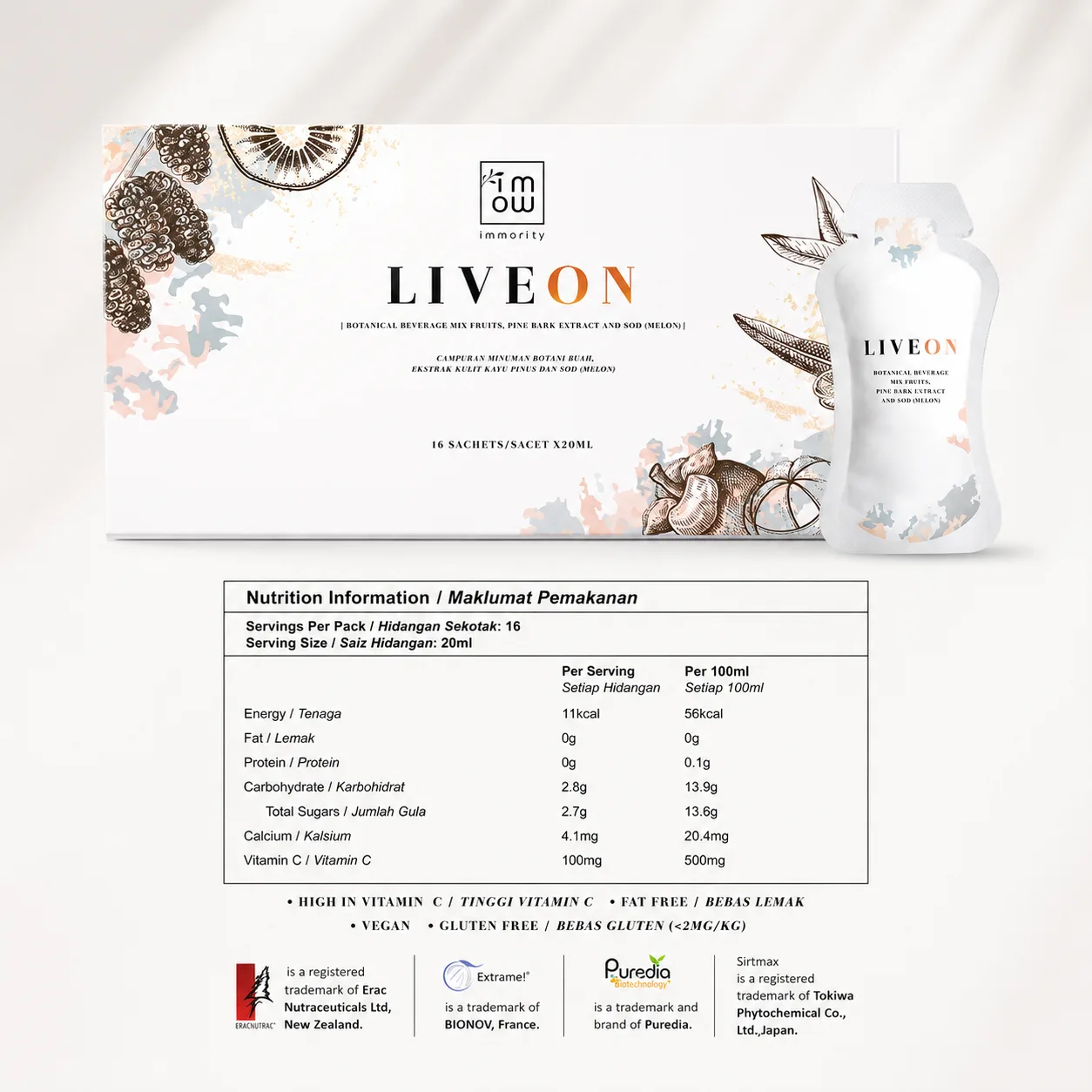 LIVEON box, sachet and nutrition label