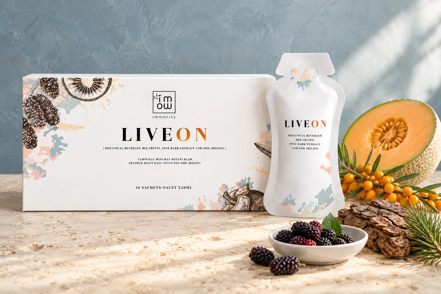 The LIVEON box and a sachet beside a halved cantaloupe melon, sea buckthorn berries, pine bark and mulberries