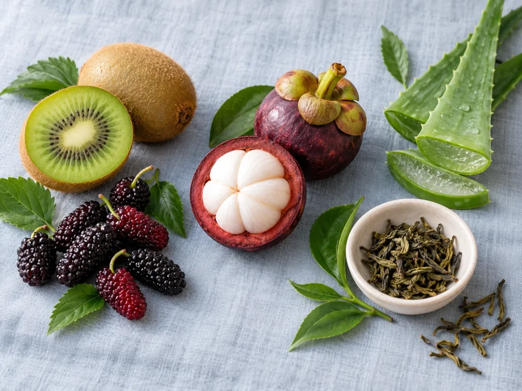 Halved kiwi and mangosteen, mulberries, a cut aloe vera leaf and dried green tea leaves on blue-grey linen