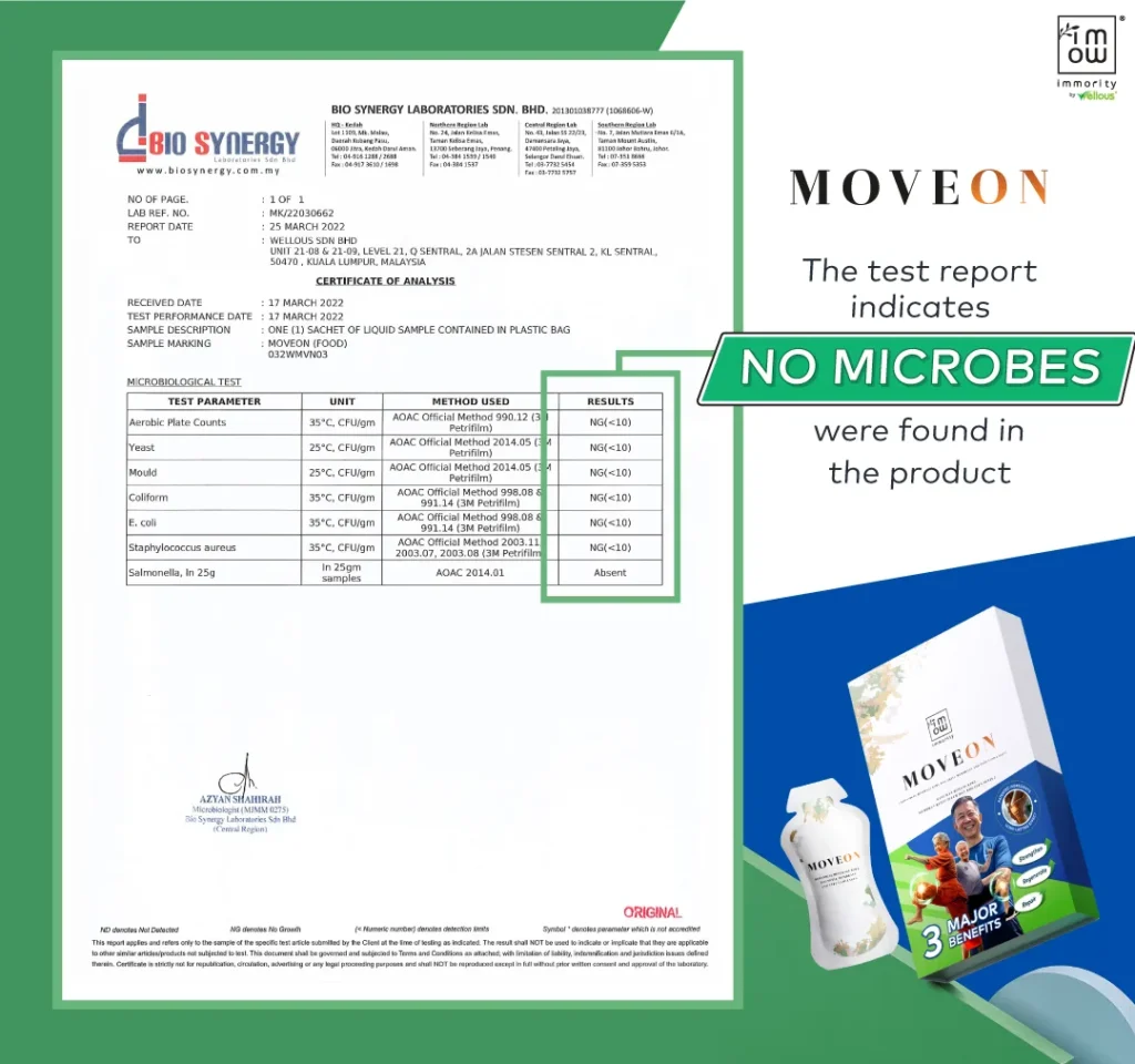 MOVEON microbial lab test certificate