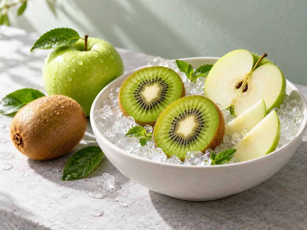 Halved kiwis and a halved green apple resting on crushed ice in a white bowl