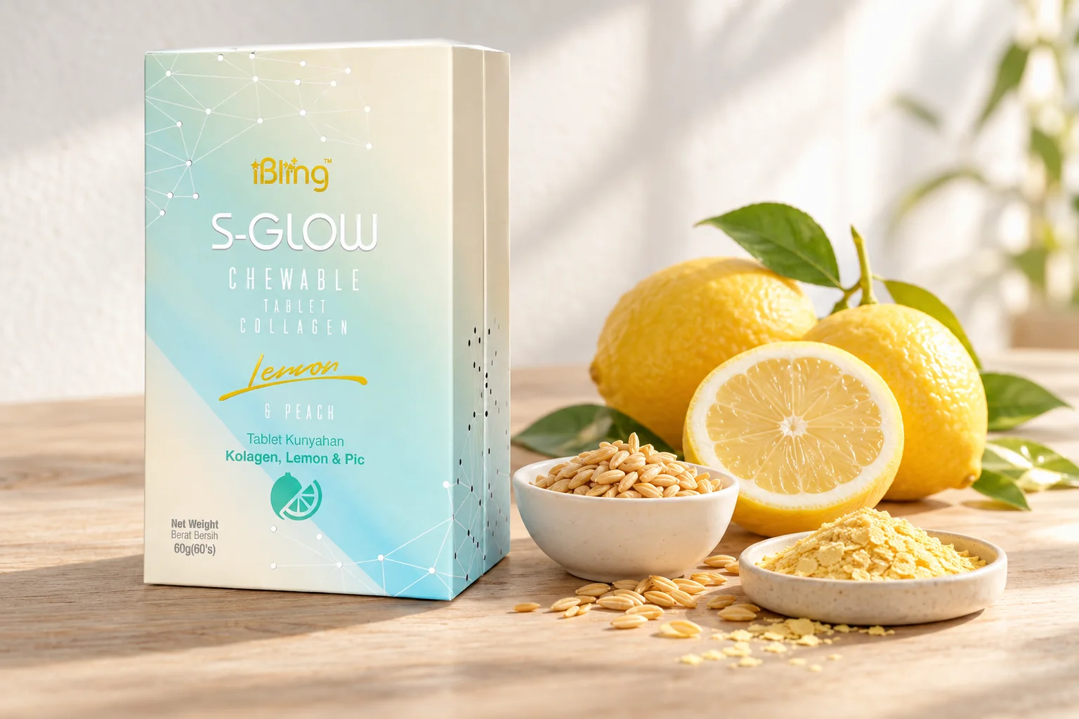 The S-GLOW chewable collagen box beside lemons, a dish of rice germ and a dish of nutritional yeast on pale wood