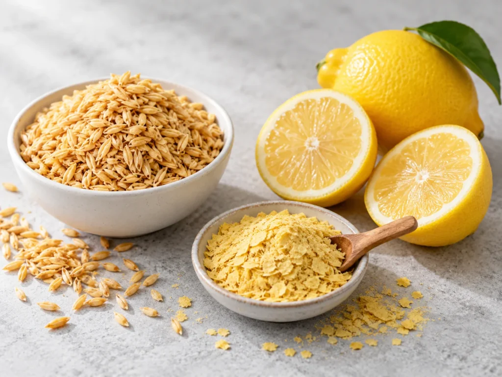 Rice germ, nutritional yeast flakes and fresh lemons on pale grey stone
