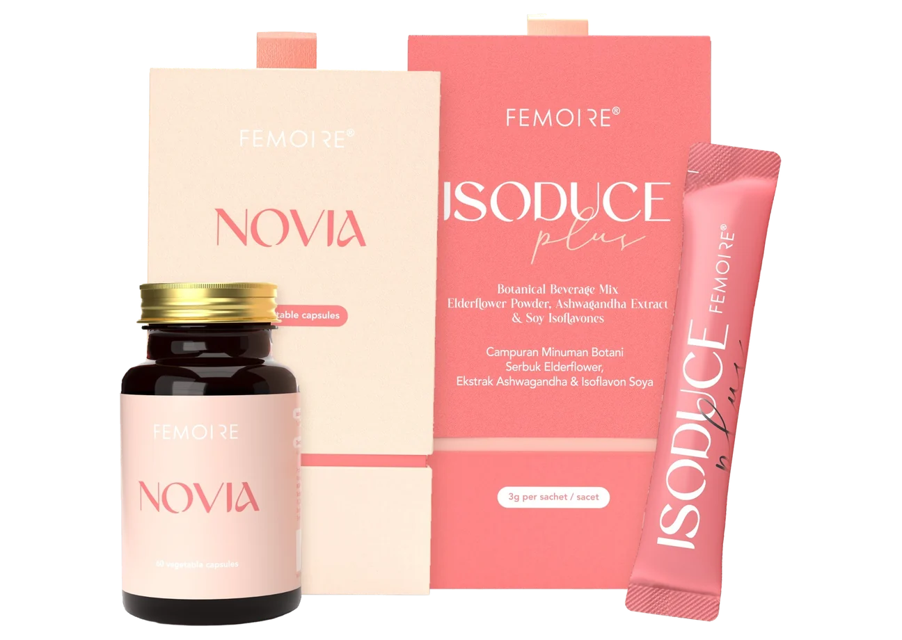FEMOIRE BLOOM Set: the NOVIA box and bottle, the ISODUCE Plus box and a sachet