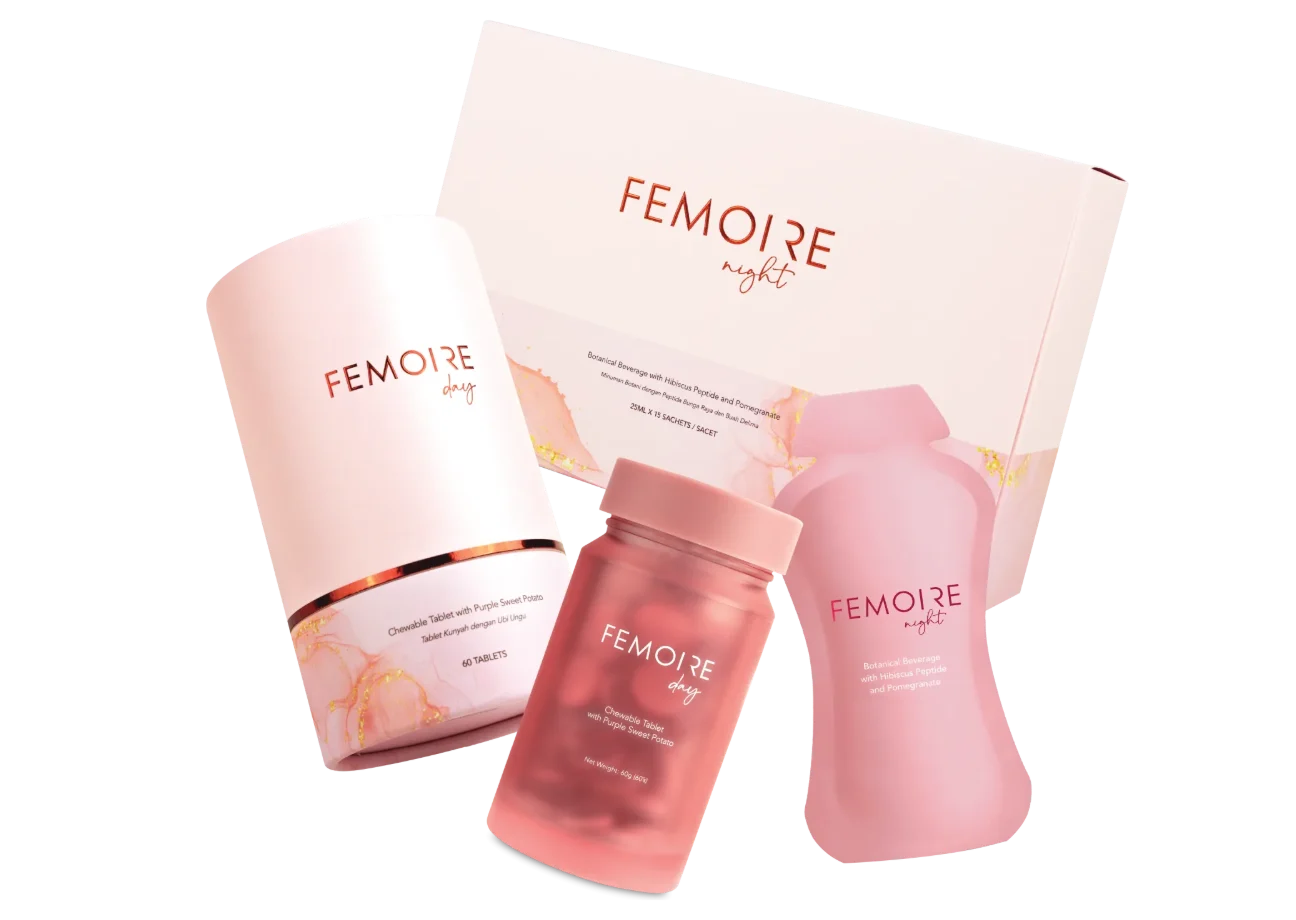 FEMOIRE Day & Night: the day canister and chewables jar, the night box and a night sachet
