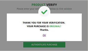 Success message shown when the product is genuine